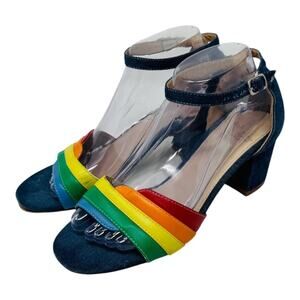 French Blu Rainbow Strap Block Heel Denim Sandals Size 39